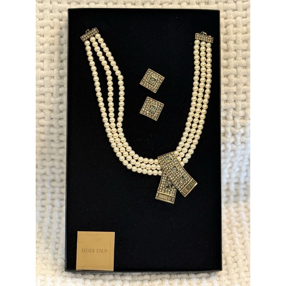 Heidi Daus Pearl Necklace Earrings Set Crystal Art Deco Gold Cream NIB